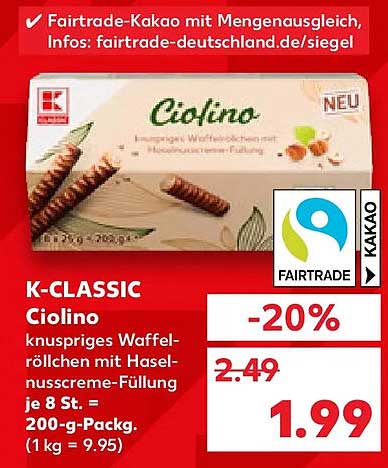 K-CLASSIC Ciolino knuspriges Waffelröllchen mit Haselnusscreme-Füllung je 8 St. = 200-g-Packg. (1 kg = 9.95)