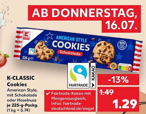 K-CLASSIC Cookies American Style, mit Schokolade oder Haselnuss je 225-g-Packg.