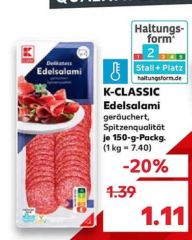 K-CLASSIC Edelsalami geräuchert, Spitzenqualität je 150-g-Packg. (1 kg = 7.40)