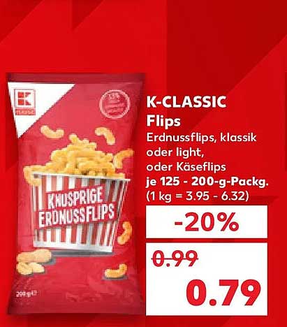 K-CLASSIC Flips Erdnussflips, klassik oder light, oder Käseflips je 125 - 200-g-Packg. (1 kg = 3.95 - 6.32)