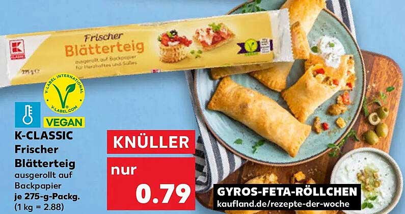 K-CLASSIC Frischer Blätterteig ausgerollt auf Backpapier je 275-g-Packg.