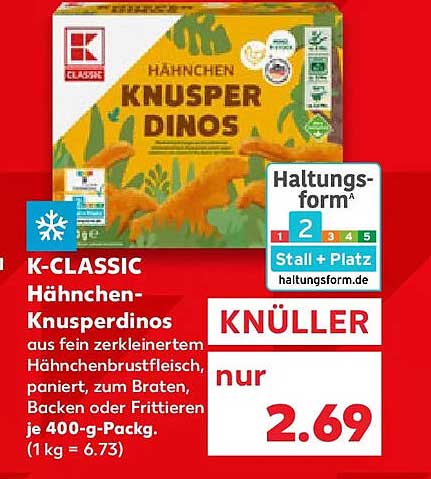 K-CLASSIC Hähnchen-Knusperdinos aus fein zerkleinertem Hähnchenbrustfleisch, paniert, zum Braten, Backen oder Frittieren je 400-g-Packg. (1 kg = 6.73)