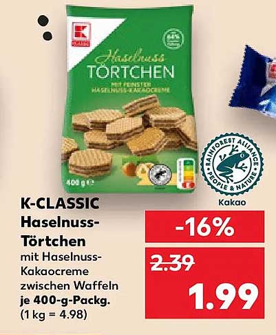 K-CLASSIC Haselnuss-Törtchen mit Haselnuss-Kakaocreme zwischen Waffeln je 400-g-Packg.