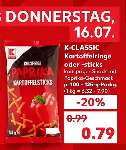 K-CLASSIC Kartoffelringe oder -sticks knuspriger Snack mit Paprika-Geschmack je 100 - 125-g-Packg.