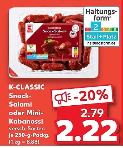 K-CLASSIC Snack-Salami oder Mini-Kabanossi versch. Sorten je 250-g-Packg. (1 kg = 8.88)