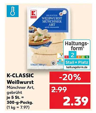K-CLASSIC Weißwurst Münchner Art, gebrüht je 5 St. = 300-g-Packg. (1 kg = 7.97)