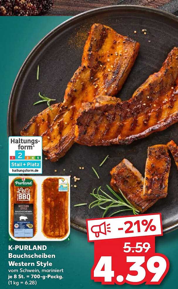 K-PURLAND Bauchscheiben Western Style vom Schwein, mariniert je 8 St. = 700-g-Packg. (1 kg = 6.28)