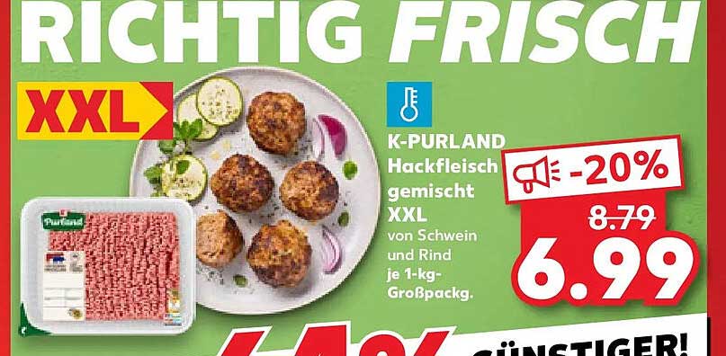K-PURLAND Hackfleisch gemischt XXL von Schwein und Rind je 1-kg-Großpackg.