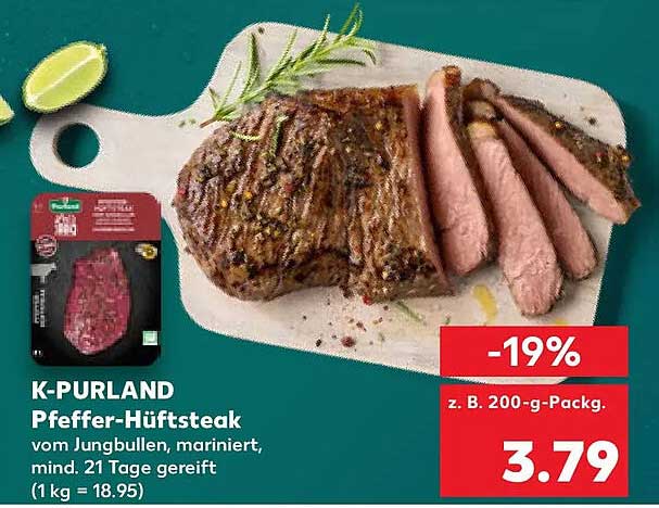 K-PURLAND Pfeffer-Hüftsteak vom Jungbullen, mariniert, mind. 21 Tage gereift