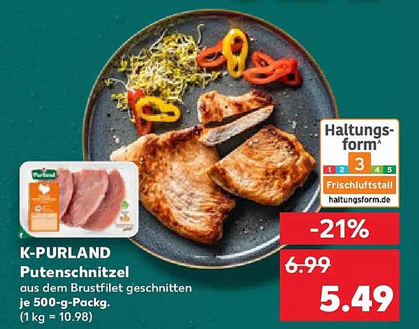 K-PURLAND Putenschnitzel aus dem Brustfilet geschnitten je 500-g-Packg. (1 kg = 10.98)