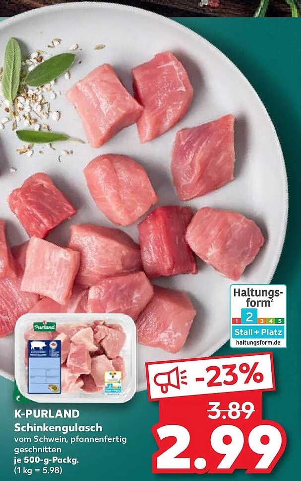 K-PURLAND Schinkengulasch vom Schwein, pfannenfertig geschnitten, je 500-g-Packg. (1 kg = 5.98)