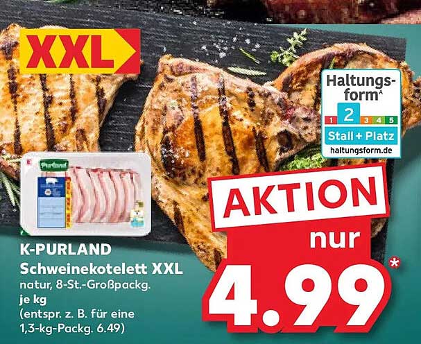 K-PURLAND Schweinekotelett XXL natur, 8-St.-Großpackg. je kg (entspr. z. B. für eine 1,3-kg-Packg. 6.49)