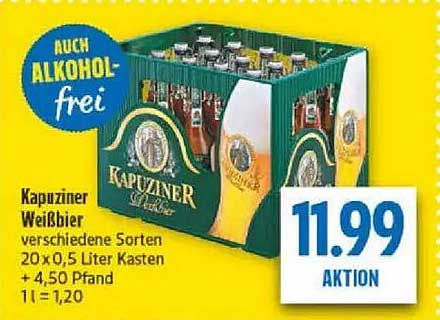 Kapuziiner Weißbier verschiedene Sorten 20 x 0,5 Liter Kasten + 4,50 Pfand 1l = 1,20