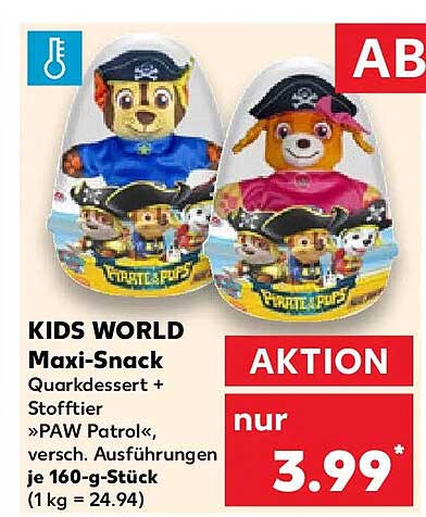 KIDS WORLD Maxi-Snack Quarkdessert + Stofftier »PAW Patrol«, versch. Ausführungen je 160-g-Stück (1 kg = 24.94)