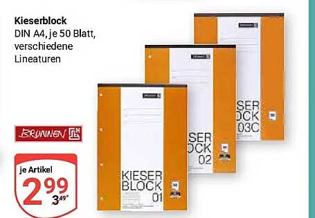Kieserblock DIN A4, je 50 Blatt, verschiedene Lineaturen