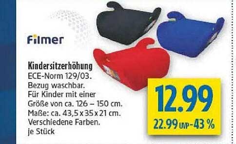 Kindersitzerhöhung ECE-Norm 129/03. Bezug waschbar. Für Kinder mit einer Größe von ca. 126 – 150 cm. Maße: ca. 43,5 x 35 x 21 cm. Verschiedene Farben. je Stück