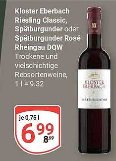 Kloster Eberbach Riesling Classic, Spätburgunder oder Spätburgunder Rosé Rheingau DQW Trockene und vielschichtige Rebsortenweine, 1 l = 9.32