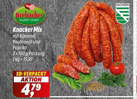 Knacker Mix mit Kümmel, Knoblauch und Paprika 3 x 100 g Packung 1 kg = 15,97