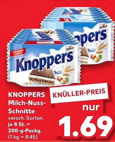 KNOPPERS Milch-Nuss-Schnitte versch. Sorten je 8 St. = 200-g-Packg. (1 kg = 8.45)
