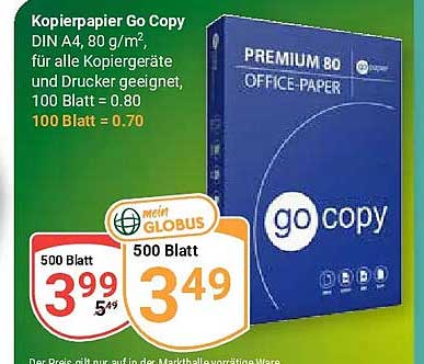 Kopierpapier Go Copy DIN A4, 80 g/m², für alle Kopiergeräte und Drucker geeignet, 100 Blatt = 0.80