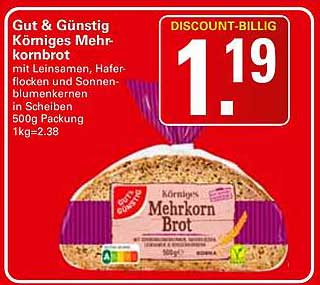 Körniges Mehrkornbrot mit Leinsamen, Haferflocken und Sonnenblumenkernen in Scheiben 500g Packung 1kg=2,38