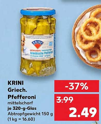 KRINI Griech. Pfefferoni mittelscharf je 320-g-Glas Abtropfgewicht 150 g (1 kg = 16.60)
