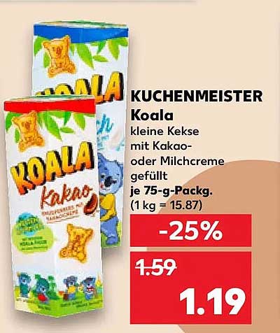 KUCHENMEISTER Koala kleine Kekse mit Kakao- oder Milchcreme gefüllt je 75-g-Packg. (1 kg = 15.87)