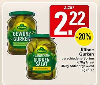 Kühne Gurken verschiedene Sorten Glas/Glas 360g Abtropfgewicht 1kg=6.17