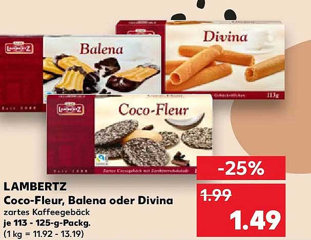LAMBERTZ Coco-Fleur, Balena oder Divina zartes Kaffeegebäck je 113 - 125-g-Packg. (1 kg = 11.92 - 13.19)