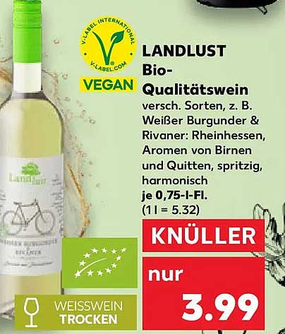 LANDLUST Bio-Qualitätswein versch. Sorten, z. B. Weißer Burgunder & Rivaner: Rheinhessen, Aromen von Birnen und Quitten, spritzig, harmonisch je 0,75-l-Fl. (1 l = 5.32)