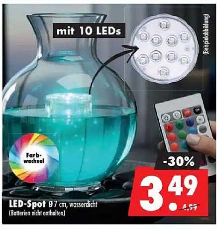 LED-Spot Ø 7 cm, wasserdicht (Batterien nicht enthalten) mit 10 LEDs