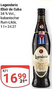 Legendario Elixire de Cuba 34 % Vol., kubanischer Rum-Likör, 1 l = 24.27