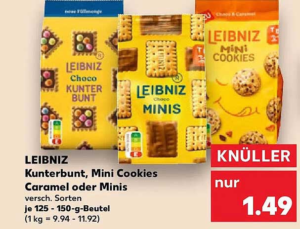LEIBNIZ Kunterbunt, Mini Cookies Caramel oder Minis versch. Sorten je 125 - 150-g-Beutel (1 kg = 9.94 - 11.92)