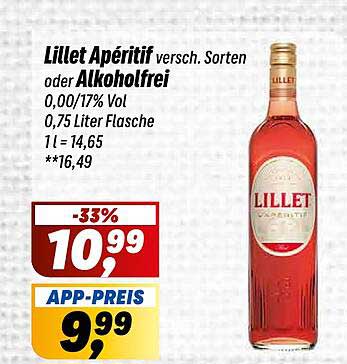 Lillet Apéritif versch. Sorten oder Alkoholfrei 0,0/1% Vol 0,75 Liter Flasche 1 l = 14,65