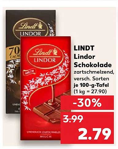 LINDT Lindor Schokolade zartschmelzend, versch. Sorten je 100-g-Tafel (1 kg = 27.90)
