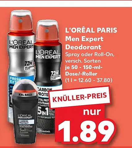 L'ORÉAL PARIS Men Expert Deodorant Spray oder Roll-On, versch. Sorten je 50 - 150-ml-Dose/Roller