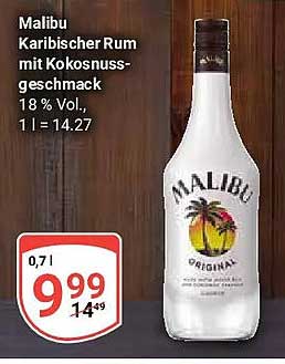 Malibu Karibischer Rum mit Kokosnussgeschmack 18 % Vol., 1 l = 14.27