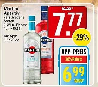 Martini Aperitiv verschiedene Sorten 0,75Ltr. Flasche 1Ltr.=10.36