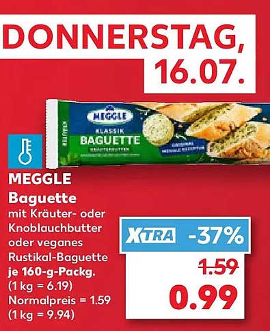 MEGGLE Baguette mit Kräuter- oder Knoblauchbutter oder veganes Rustikal-Baguette je 160-g-Packg.