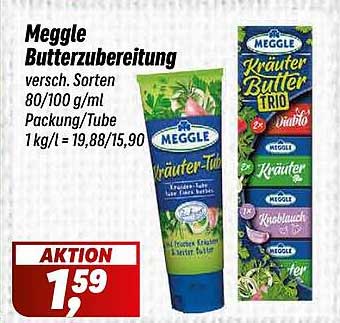 Meggle Butterreubitung versch. Sorten 80/100 g/ml Packung/Tube 1 kg/l = 19,88/15,90