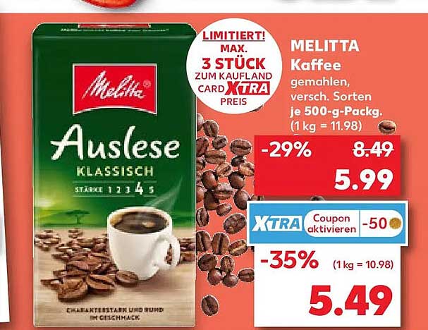 MELITTA Kaffee gemahlen, versch. Sorten je 500-g-Packg. (1 kg = 11.98)