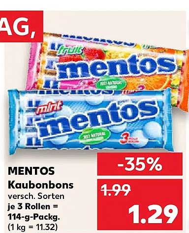 MENTOS Kaubonbons versch. Sorten je 3 Rollen = 114-g-Packg. (1 kg = 11.32)