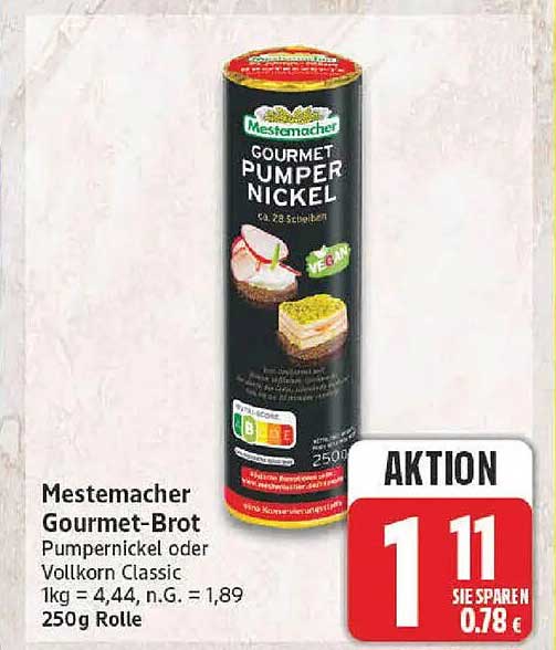 Mestemacher Gourmet-Brot Pumpernickel oder Vollkorn Classic 250g Rolle