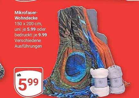 Mikrofaser-Wohndecke 150 x 200 cm, uni: je 5.99 oder bedruckt: je 9.99 Verschiedene Ausführungen