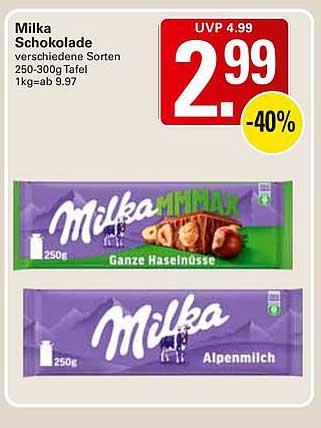 Milka Schokolade verschiedene Sorten 250-300g Tafel 1kg=ab 9.97