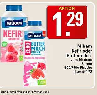 Milram Kefir oder Buttermilch verschiedene Sorten 500/750g Flasche 1kg=ab 1.72