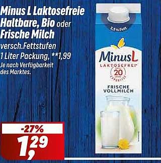 MinusL Laktosefreie Haltbare, Bio oder Frische Milch versch. Fettstufen 1 Liter Packung. Je nach Verfügbarkeit des Marktes.