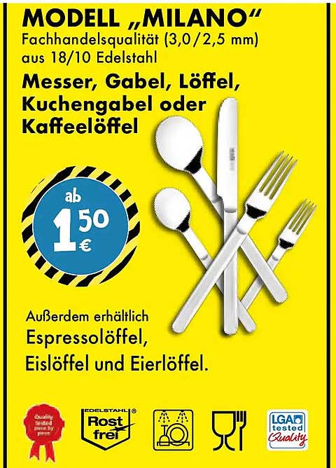 MODELL „MILANO“ Messer, Gabel, Löffel, Kuchengabel oder Kaffeelöffel