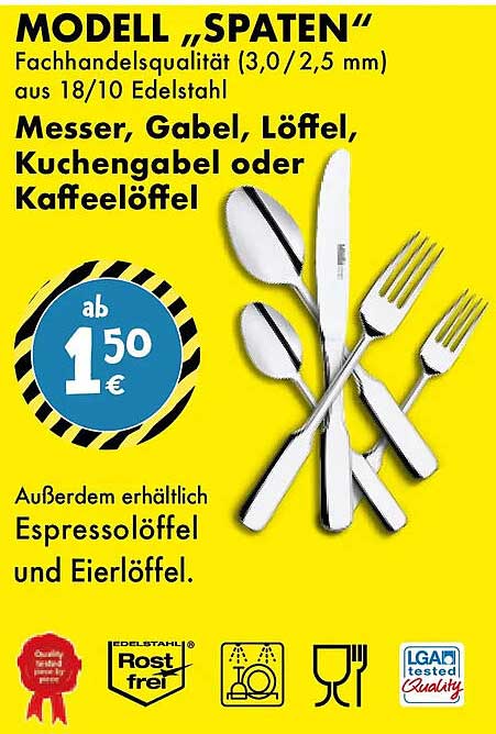 MODELL „SPATEN“ Fachhandelsqualität (3,0 / 2,5 mm) aus 18/10 Edelstahl Messer, Gabel, Löffel, Kuchengabel oder Kaffeelöffel