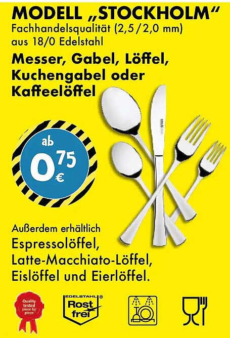 MODELL „STOCKHOLM“ Messer, Gabel, Löffel, Kuchengabel oder Kaffeelöffel
